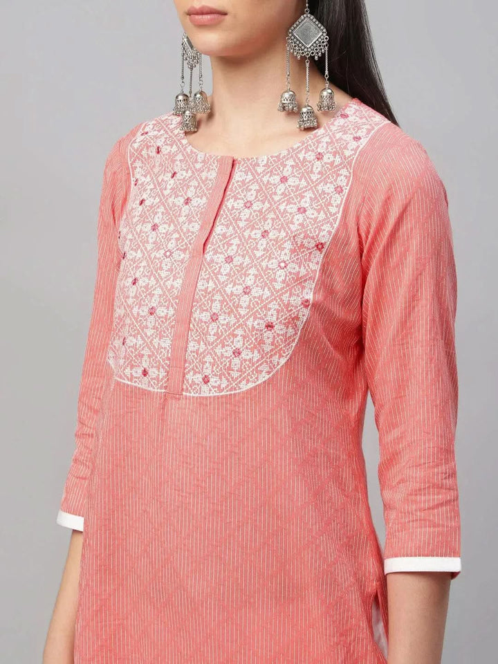 Pink Embroidered Cotton Kurta - Libas