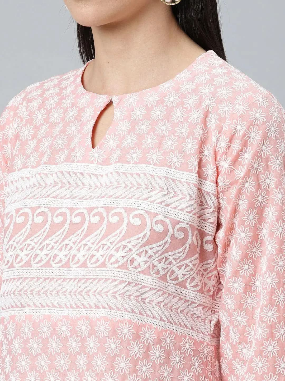 Pink Embroidered Cotton Kurta - Libas