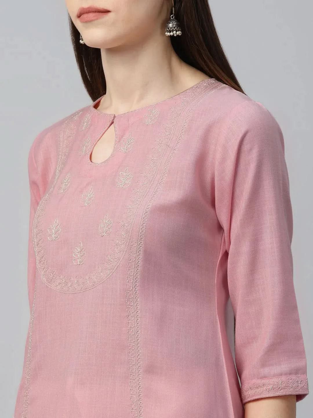 Pink Embroidered Cotton Kurta - Libas