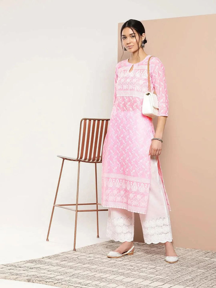 Pink Embroidered Cotton Straight Kurta - Libas