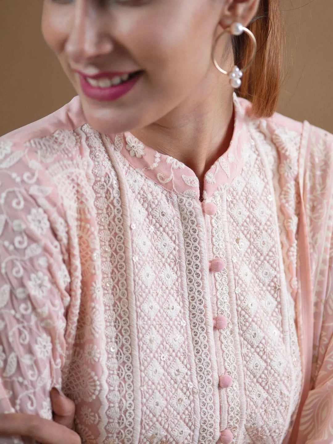 ANAYA Pink Embroidered Georgette Suit Set - Libas