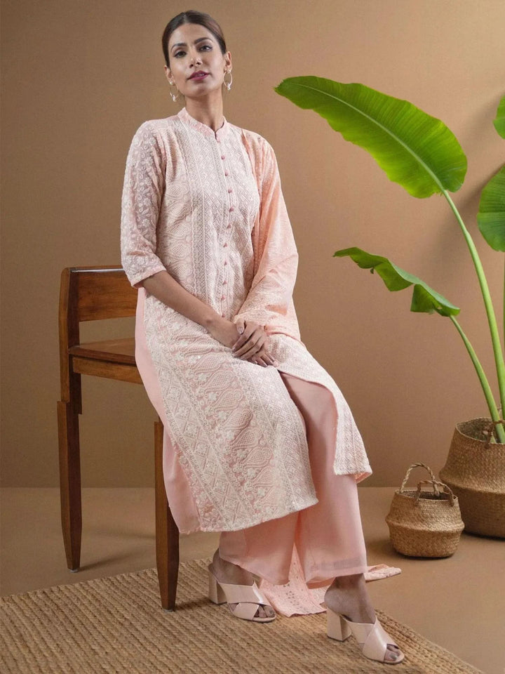 ANAYA Pink Embroidered Georgette Suit Set - Libas