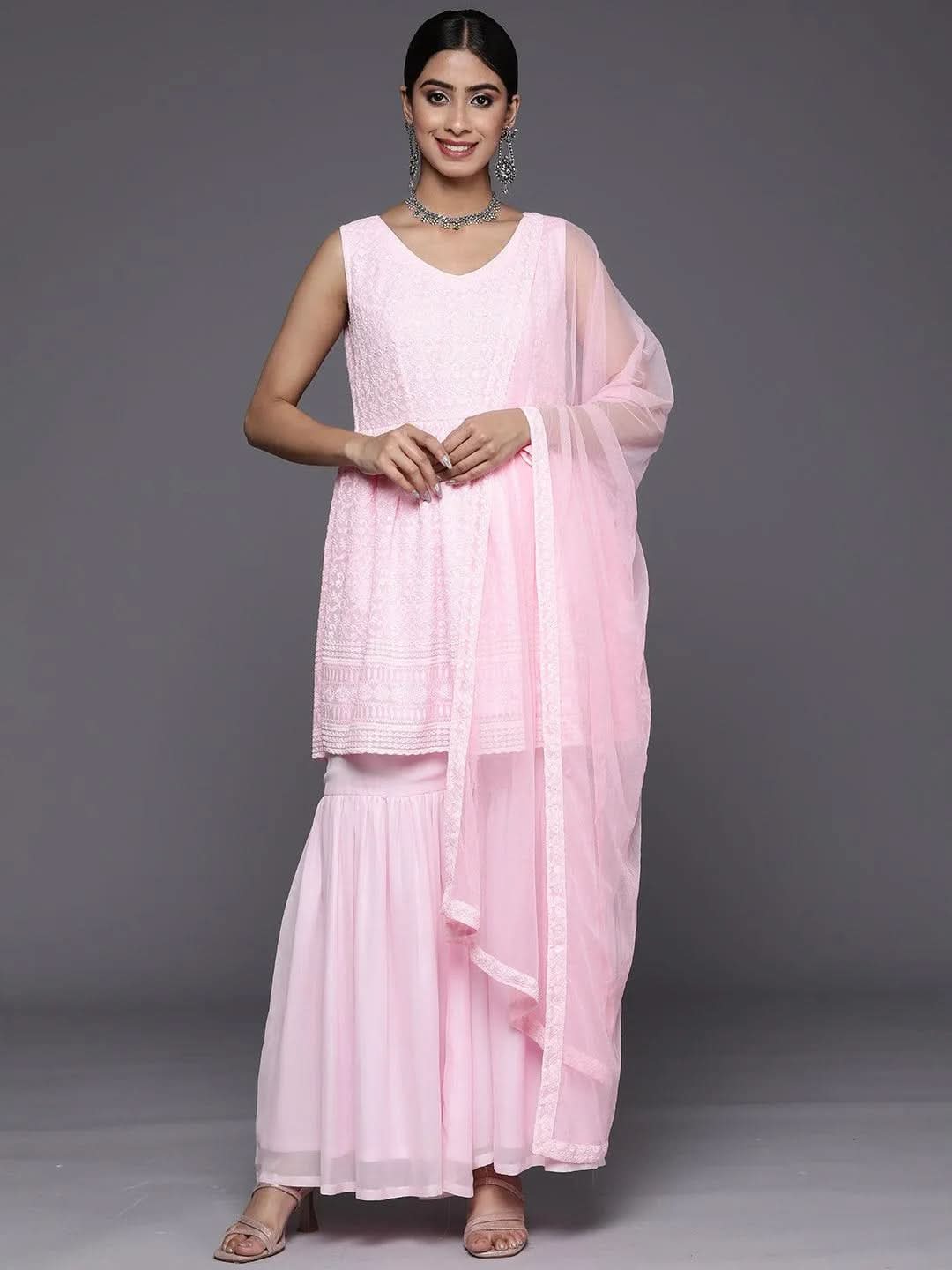 Pink Embroidered Georgette A-Line Sharara Suit Set With Dupatta
Pink Embroidered Georgette A-Line Sharara Suit Set With Dupatta