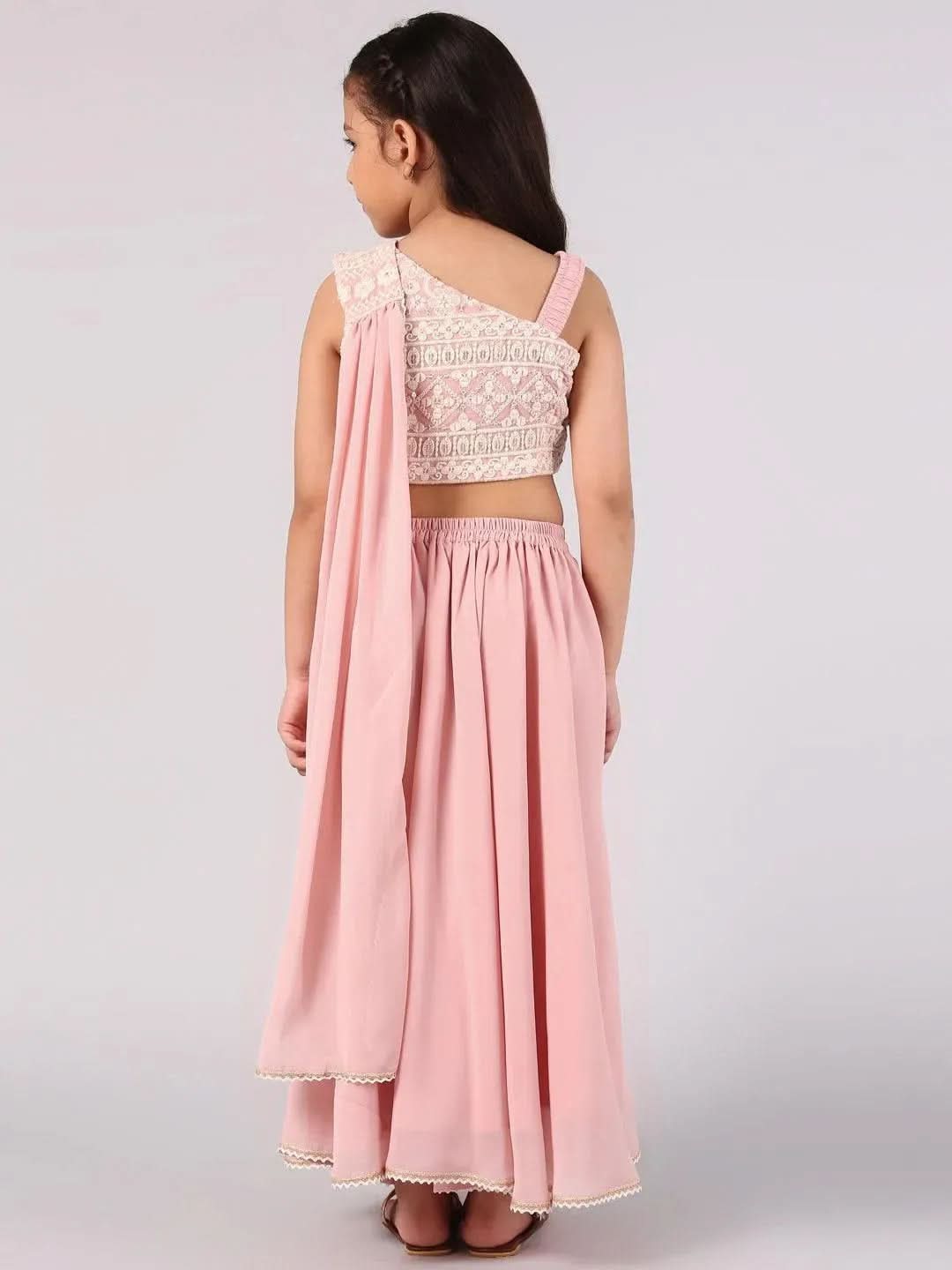 Pink Embroidered Georgette Lehenga Set - Libas