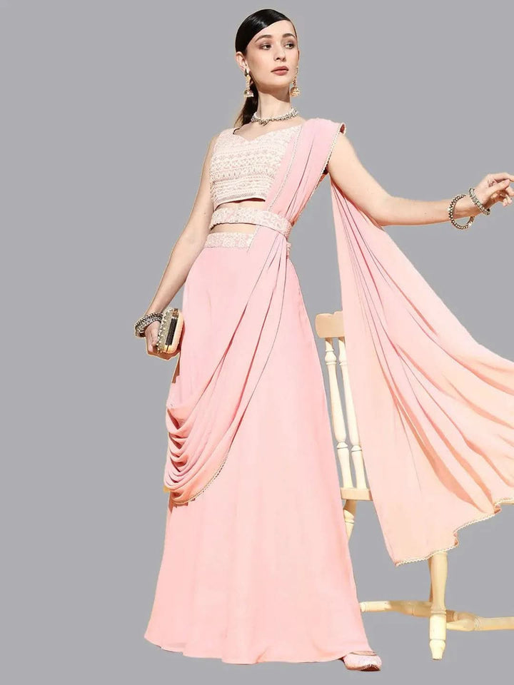 Pink Embroidered Georgette Lehenga Set - Libas