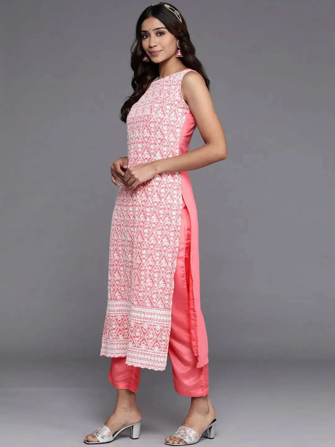 Pink Embroidered Georgette Straight Suit Set With Trousers - Libas