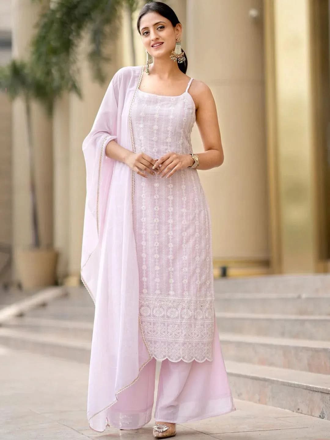 Buy Pink Embroidered Georgette Straight Kurta With Palazzos