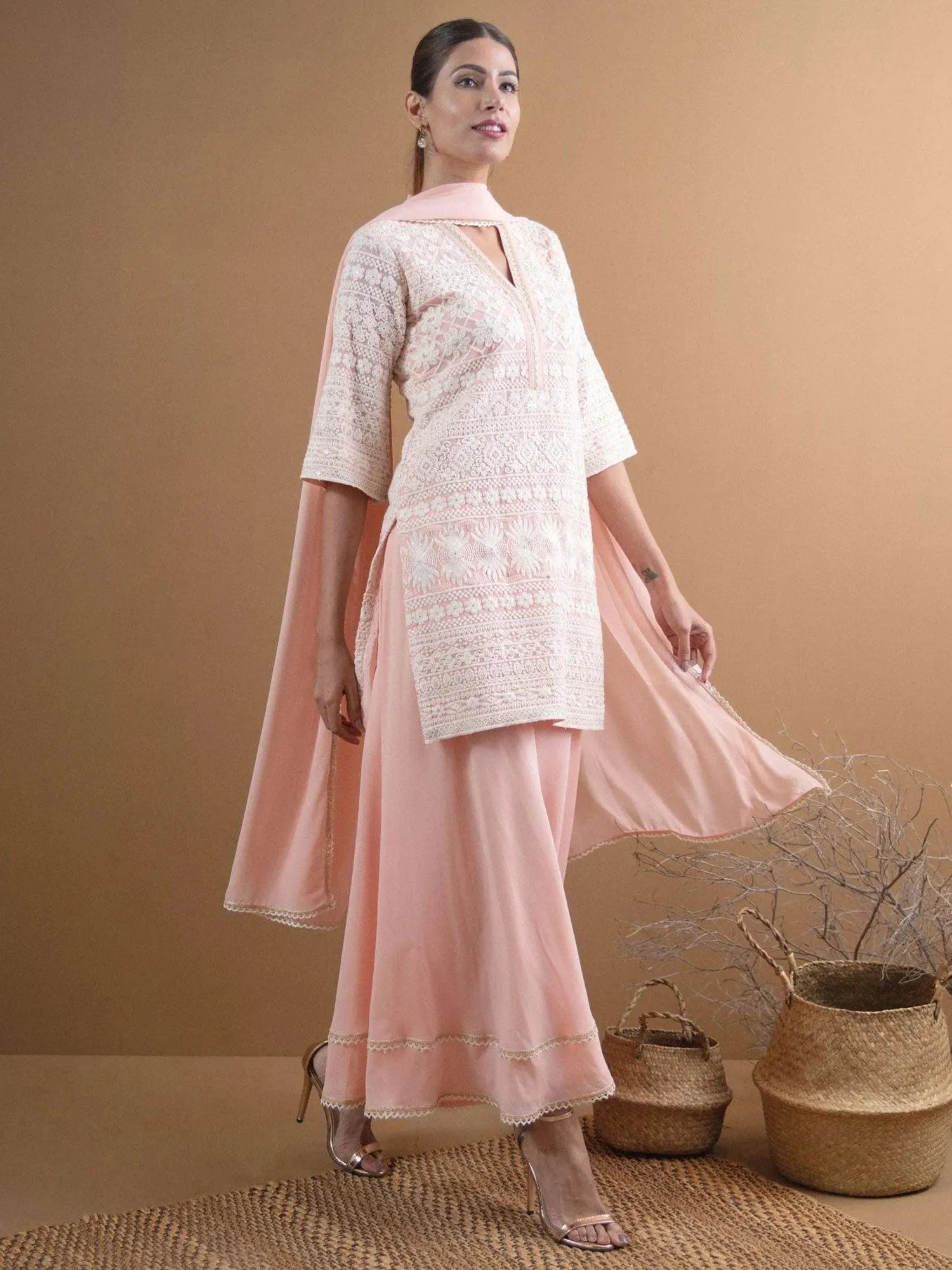 Pink Embroidered Georgette Straight Kurta With Palazzos & Dupatta
Pink Embroidered Georgette Straight Kurta With Palazzos & Dupatta