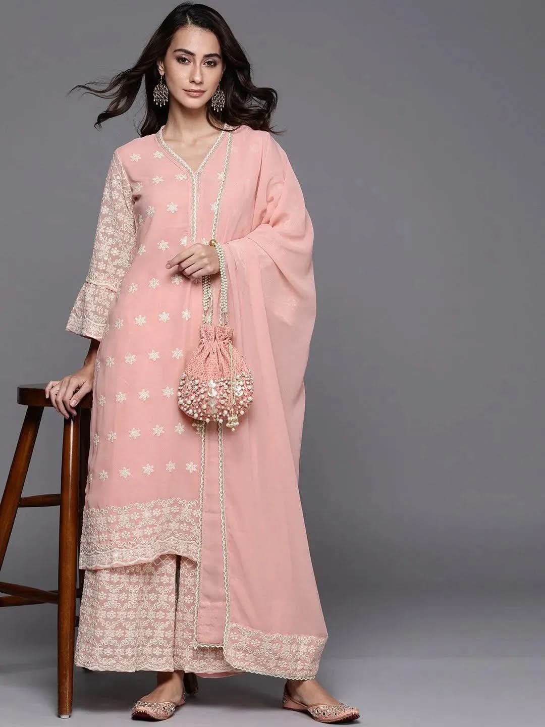 Pink Embroidered Georgette Suit Set - Libas