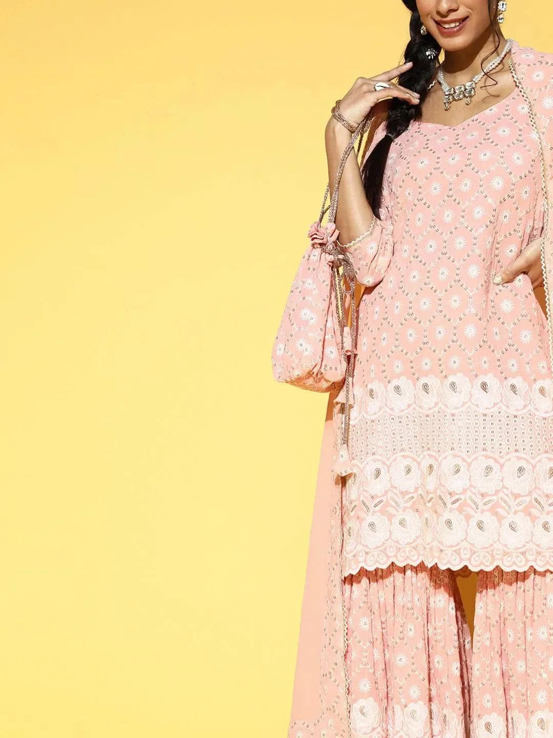 Pink Embroidered Georgette Suit Set - Libas