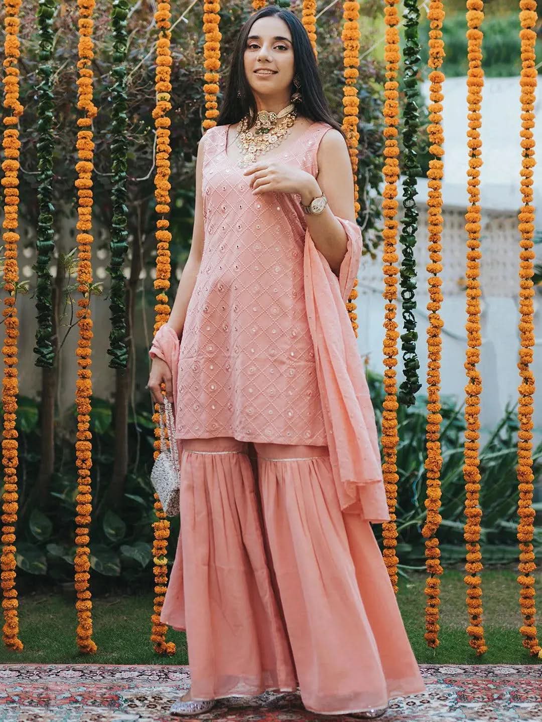 Buy Pink Embroidered Georgette Straight Sharara Suit Set With Dupatta Online at Rs.1449 | Libas Buy Pink Embroidered Georgette Straight Sharara Suit Set With Dupatta Online at Rs.1449 | Libas