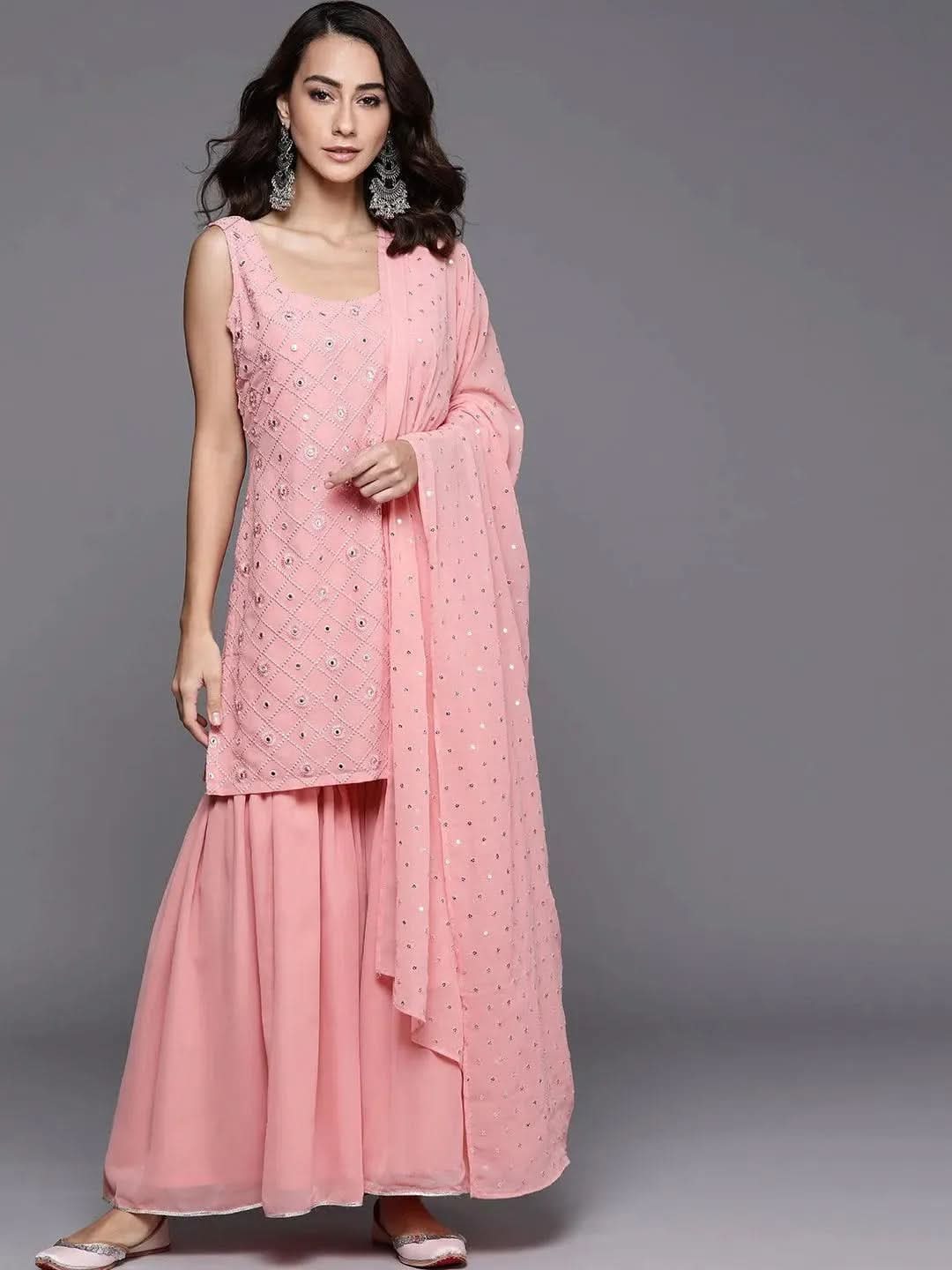 Pink Embroidered Georgette Straight Sharara Suit Set With Dupatta
Pink Embroidered Georgette Straight Sharara Suit Set With Dupatta