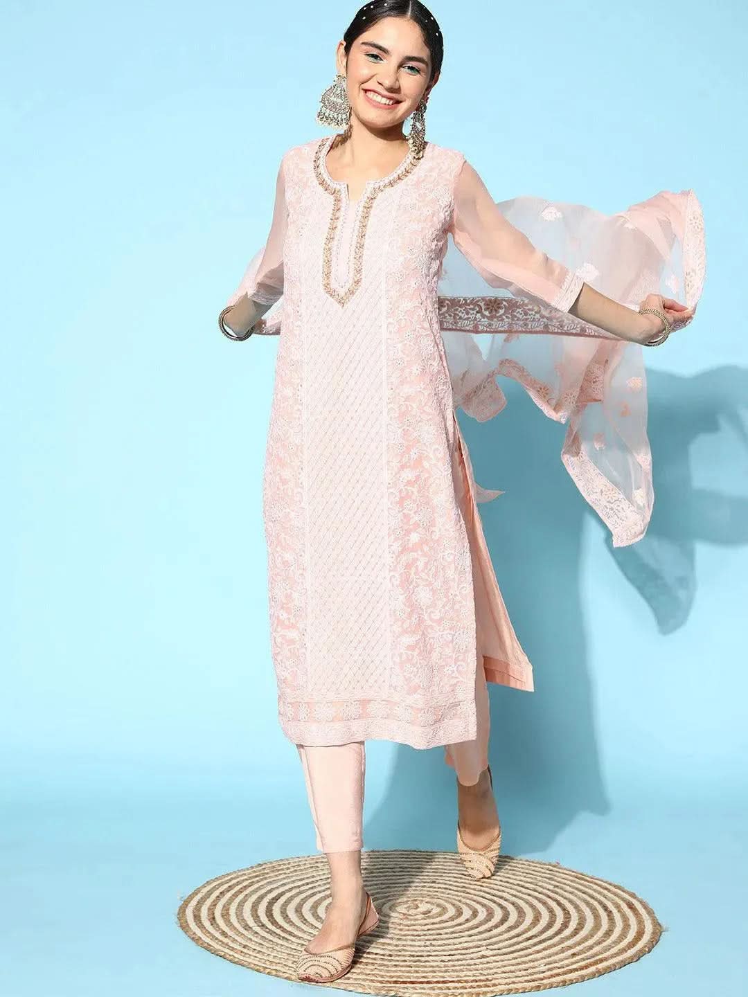 Pink Embroidered Georgette Straight Suit Set With Trousers - Libas
