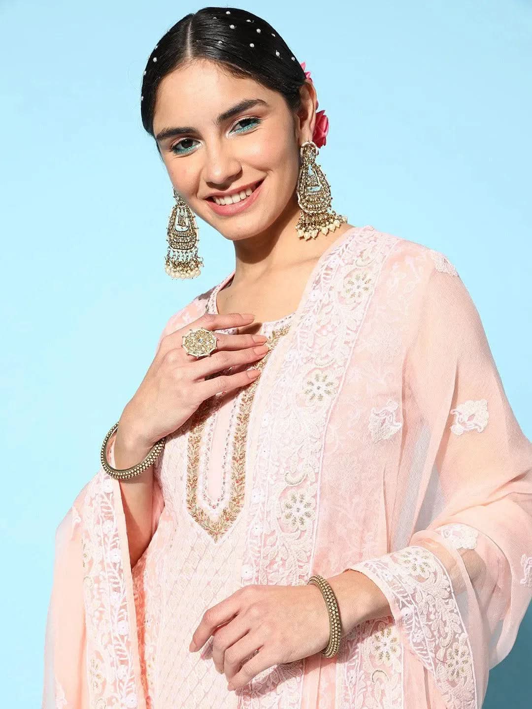Pink Embroidered Georgette Straight Suit Set With Trousers
Pink Embroidered Georgette Straight Suit Set With Trousers
