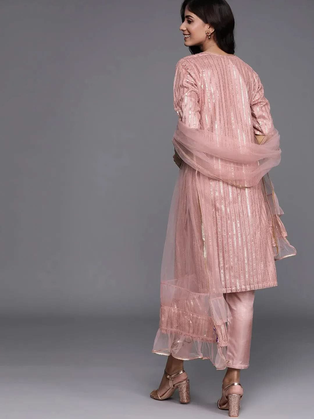Pink Embroidered Net Suit Set - Libas