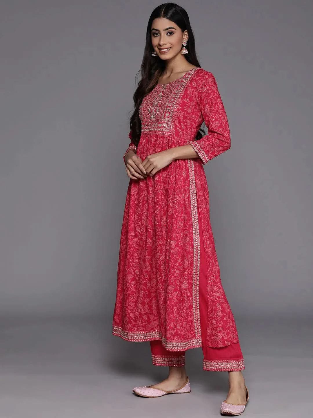 Pink Embroidered Rayon Suit Set With Trousers - Libas