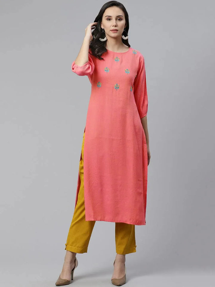 Pink Embroidered Rayon Kurta - Libas