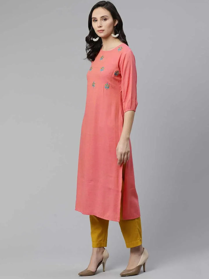 Pink Embroidered Rayon Kurta - Libas
