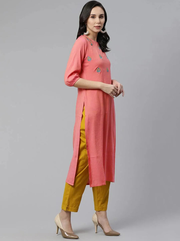 Pink Embroidered Rayon Kurta - Libas