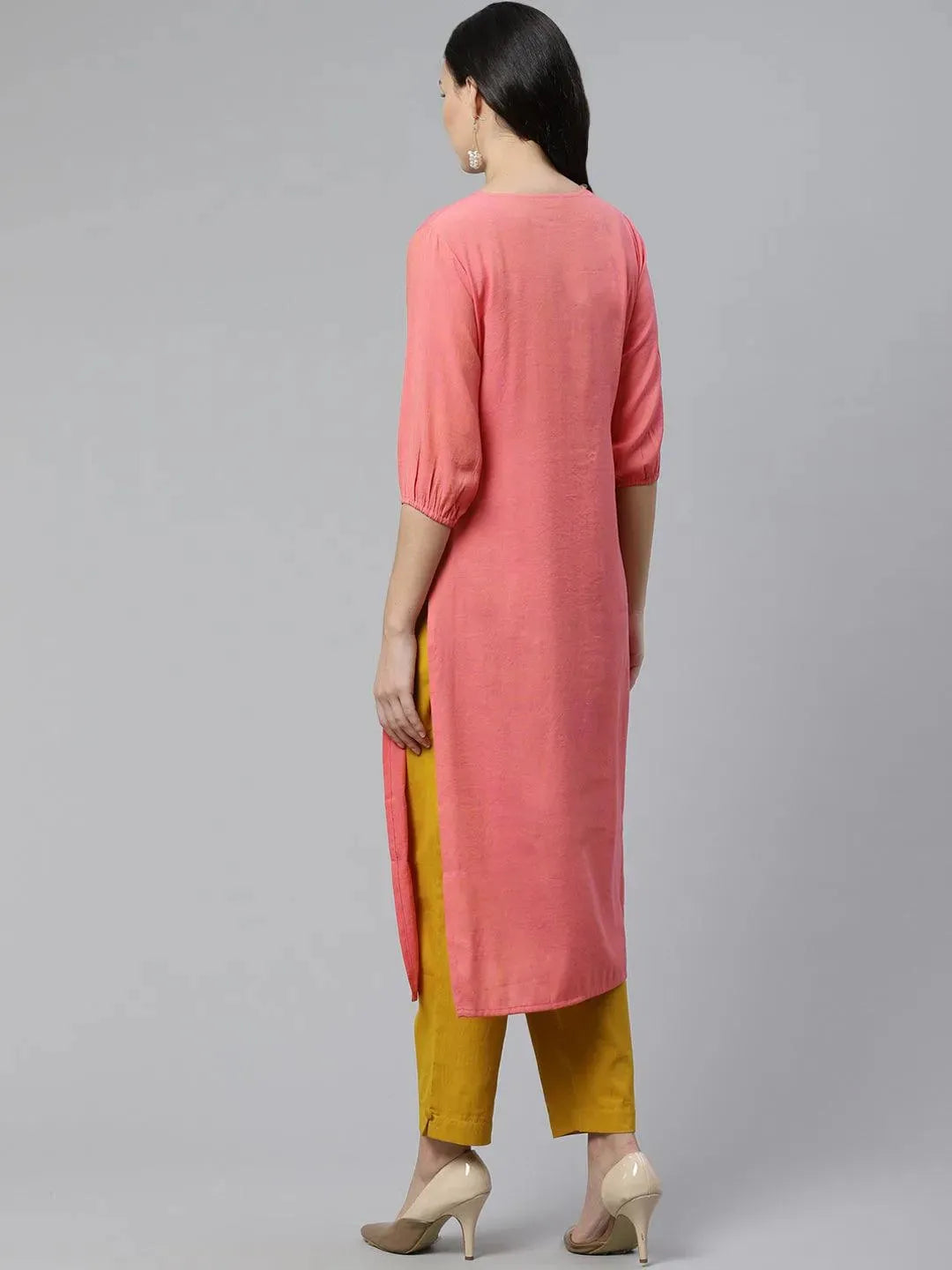 Pink Embroidered Rayon Kurta - Libas