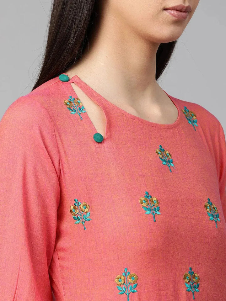 Pink Embroidered Rayon Kurta - Libas
