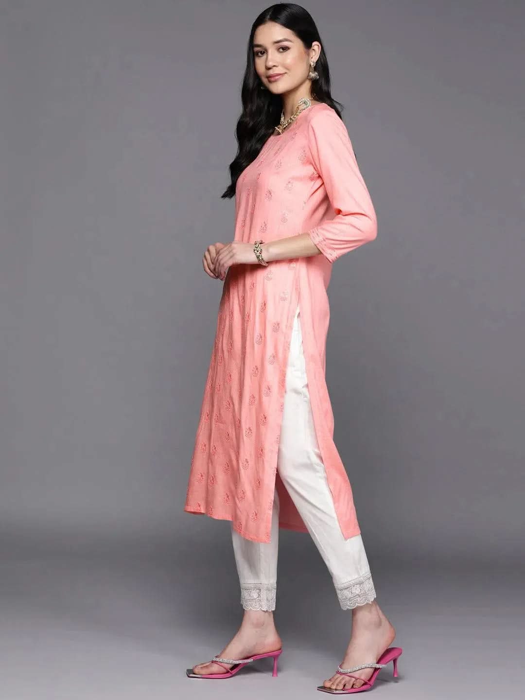 Pink Embroidered Rayon Straight Kurta - Libas