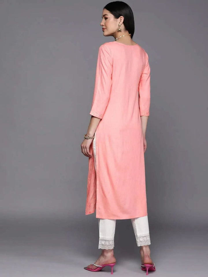 Pink Embroidered Rayon Straight Kurta - Libas