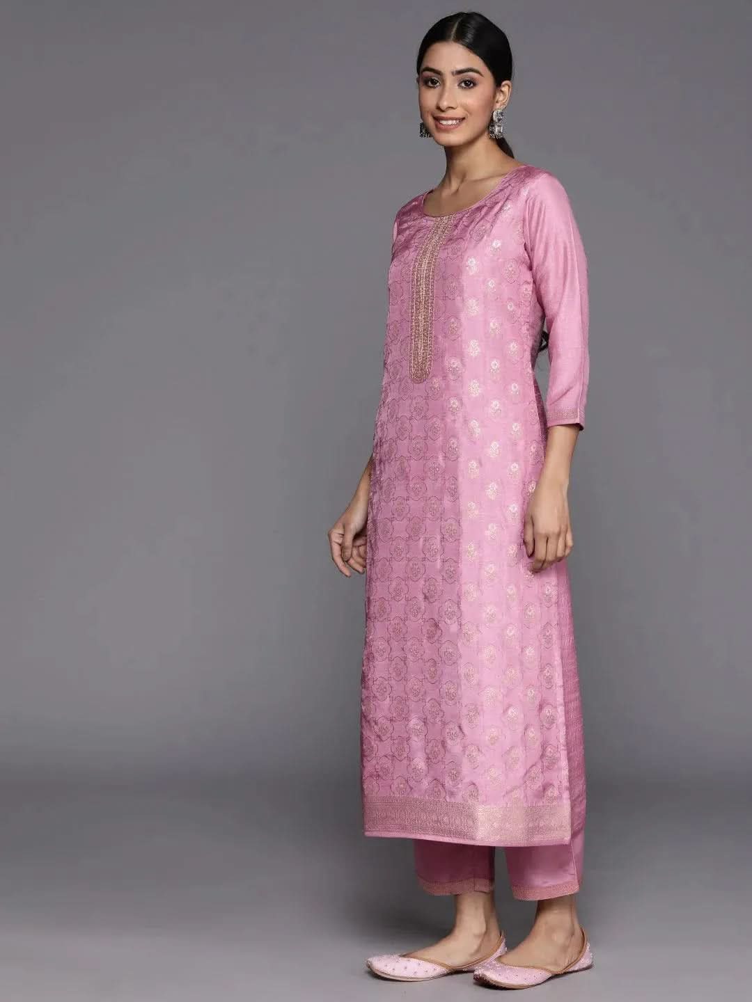 Pink Embroidered Silk Blend Suit Set With Trousers - Libas