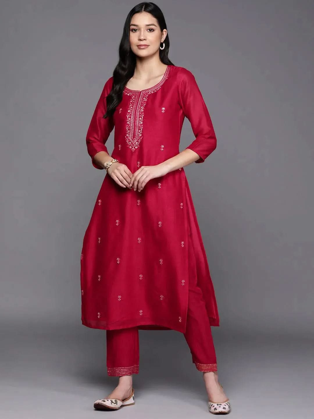 Pink Embroidered Silk Straight Kurta - Libas