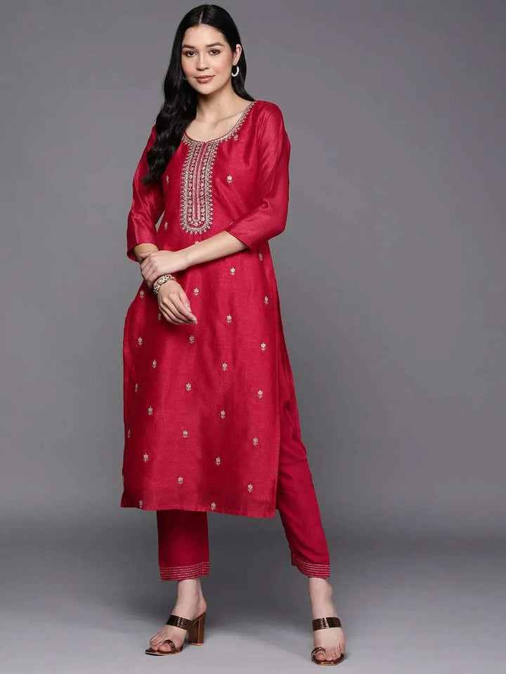 Pink Embroidered Silk Straight Kurta - Libas