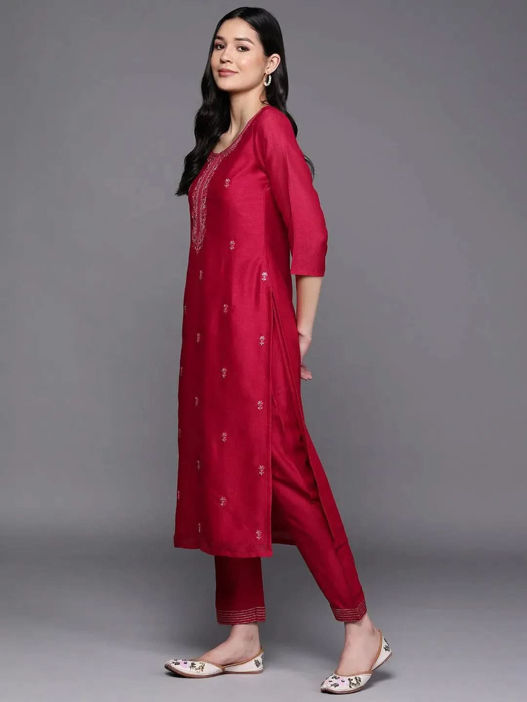 Pink Embroidered Silk Straight Kurta - Libas