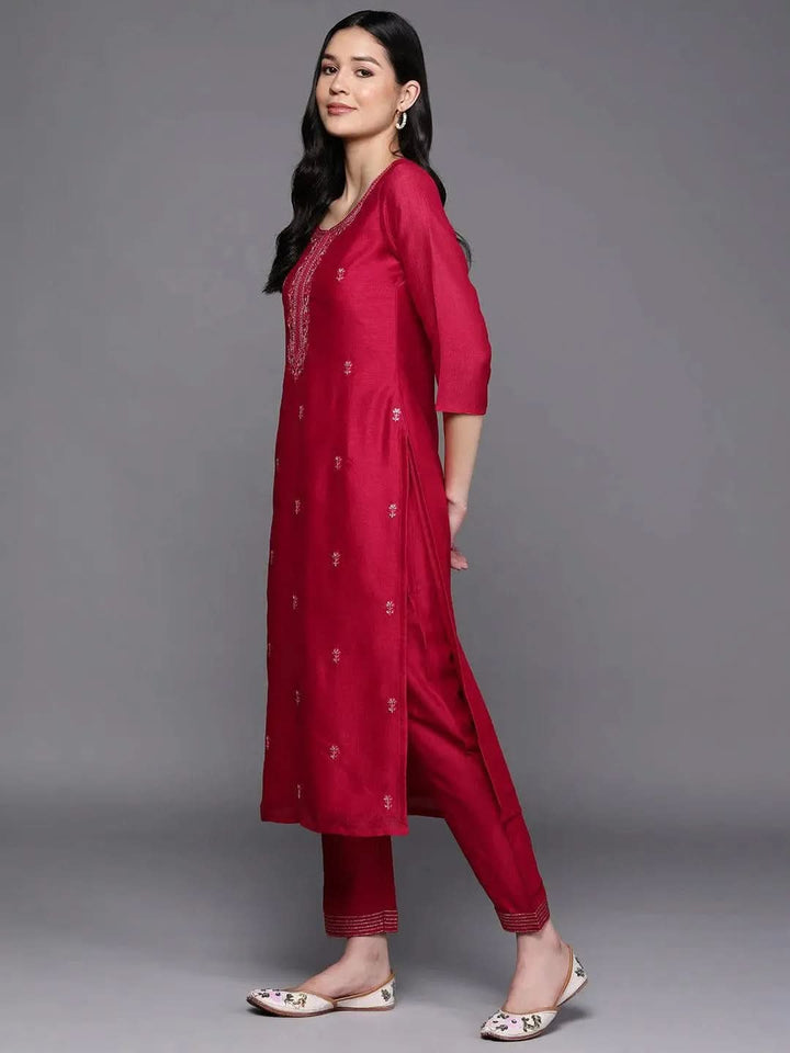 Pink Embroidered Silk Straight Kurta - Libas