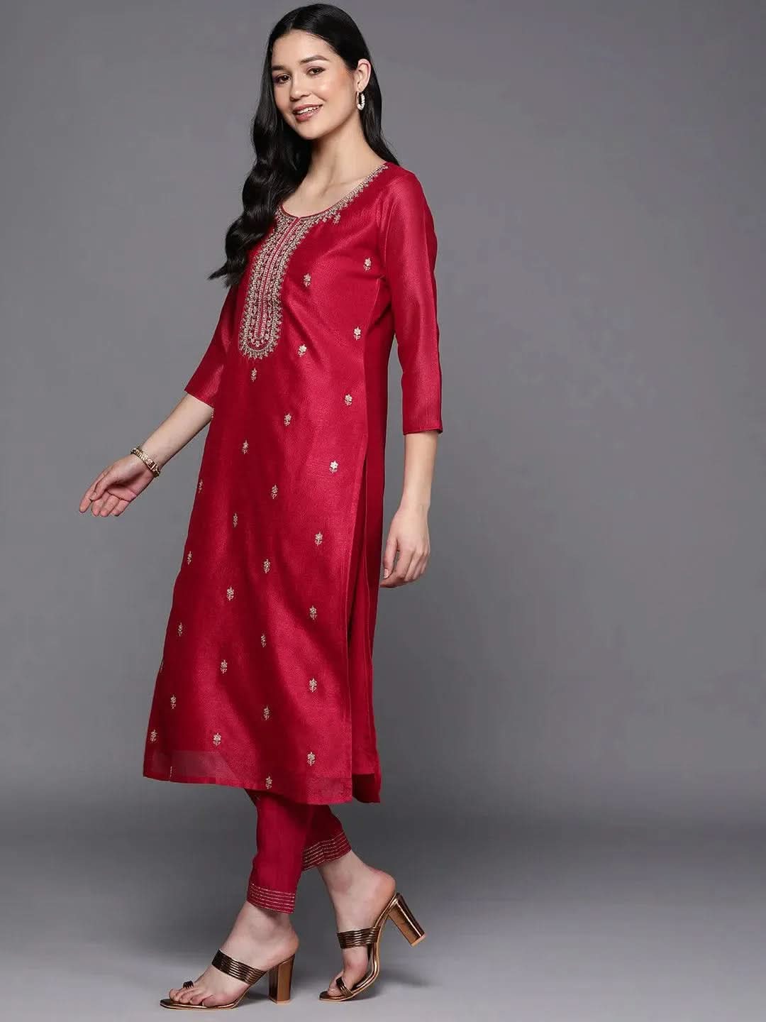Pink Embroidered Silk Straight Kurta - Libas