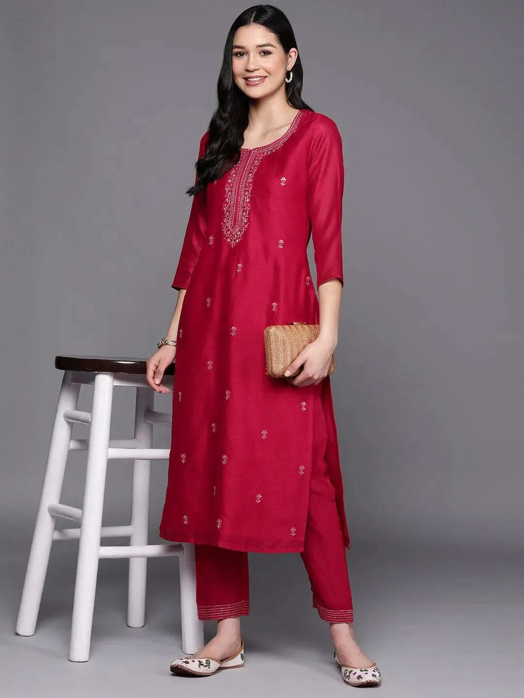 Pink Embroidered Silk Straight Kurta - Libas