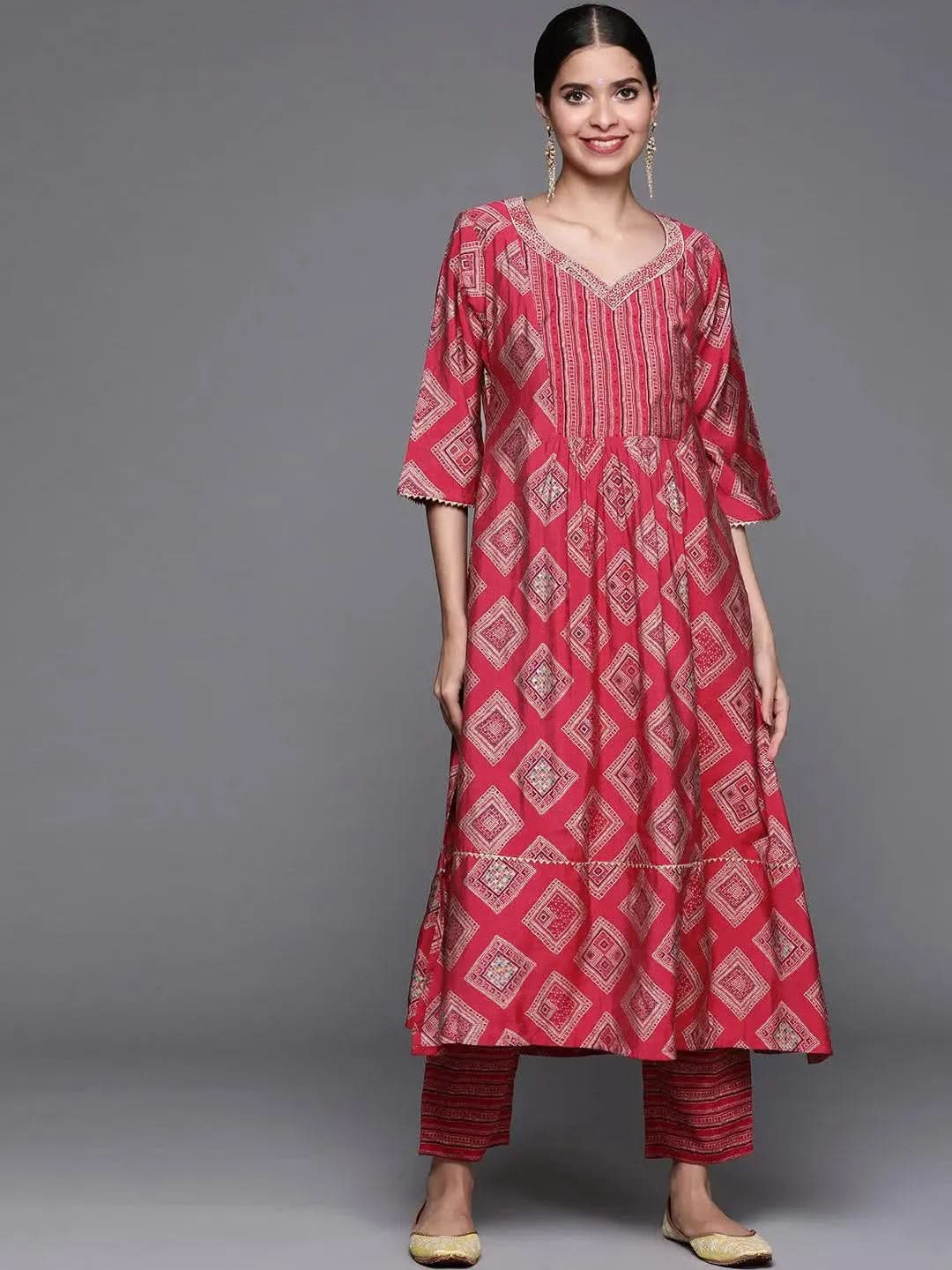 Pink Printed Chanderi Silk Kurta - Libas