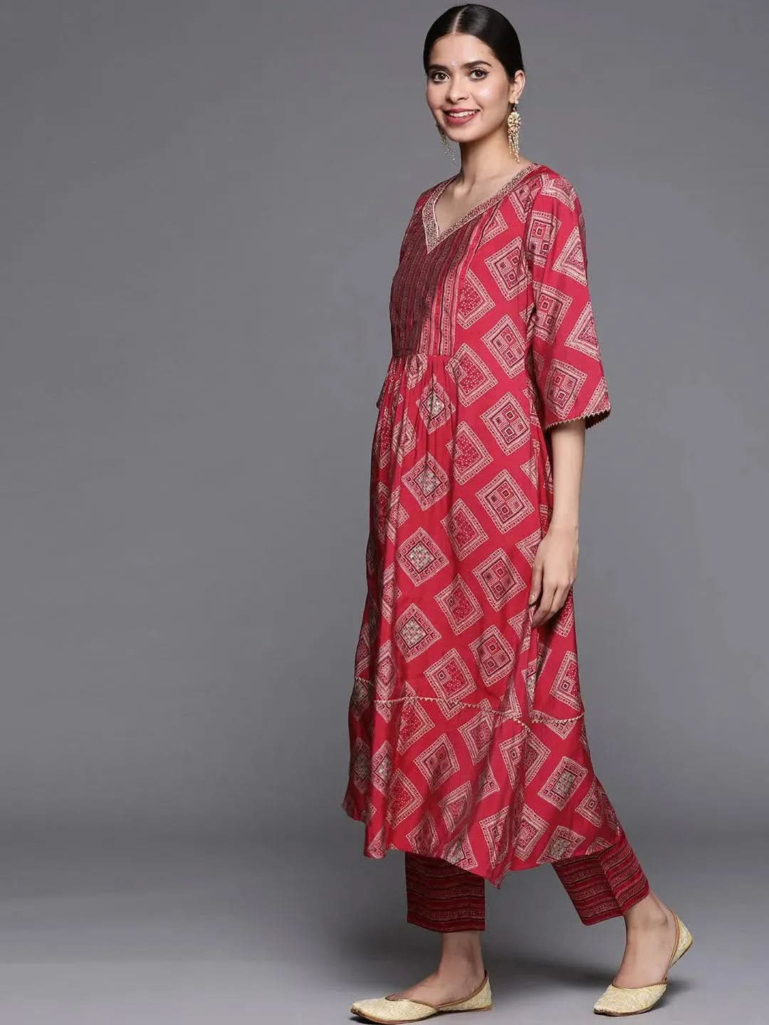 Pink Printed Chanderi Silk Kurta - Libas