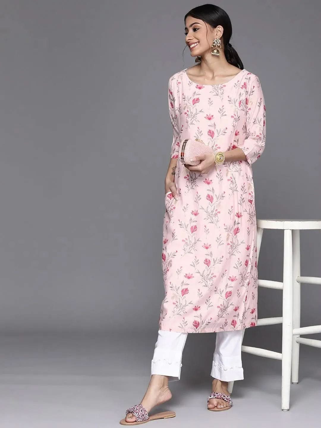 Pink Printed Chanderi Silk Kurta - Libas