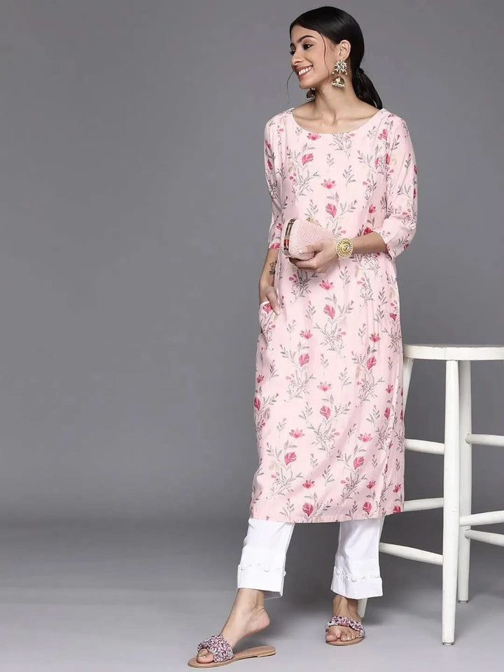 Pink Printed Chanderi Silk Kurta - Libas
