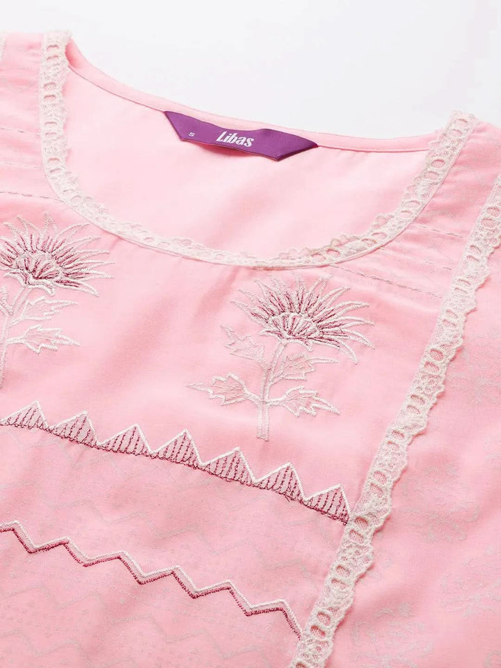 Pink Printed Chanderi Silk Straight Suit Set - Libas