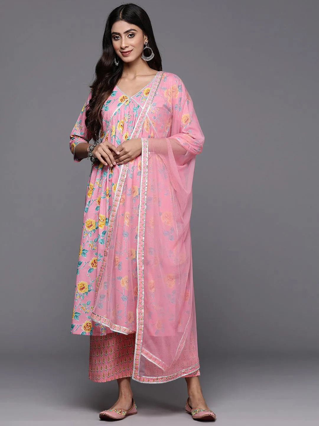 Pink Printed Cotton A-Line Kurta With Palazzos & Dupatta Online at Rs.1418 | Libas