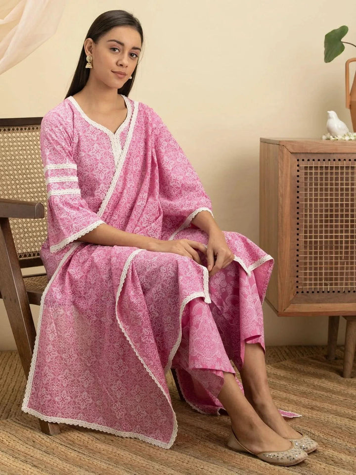 Pink Printed Cotton A-Line Suit Set - Libas