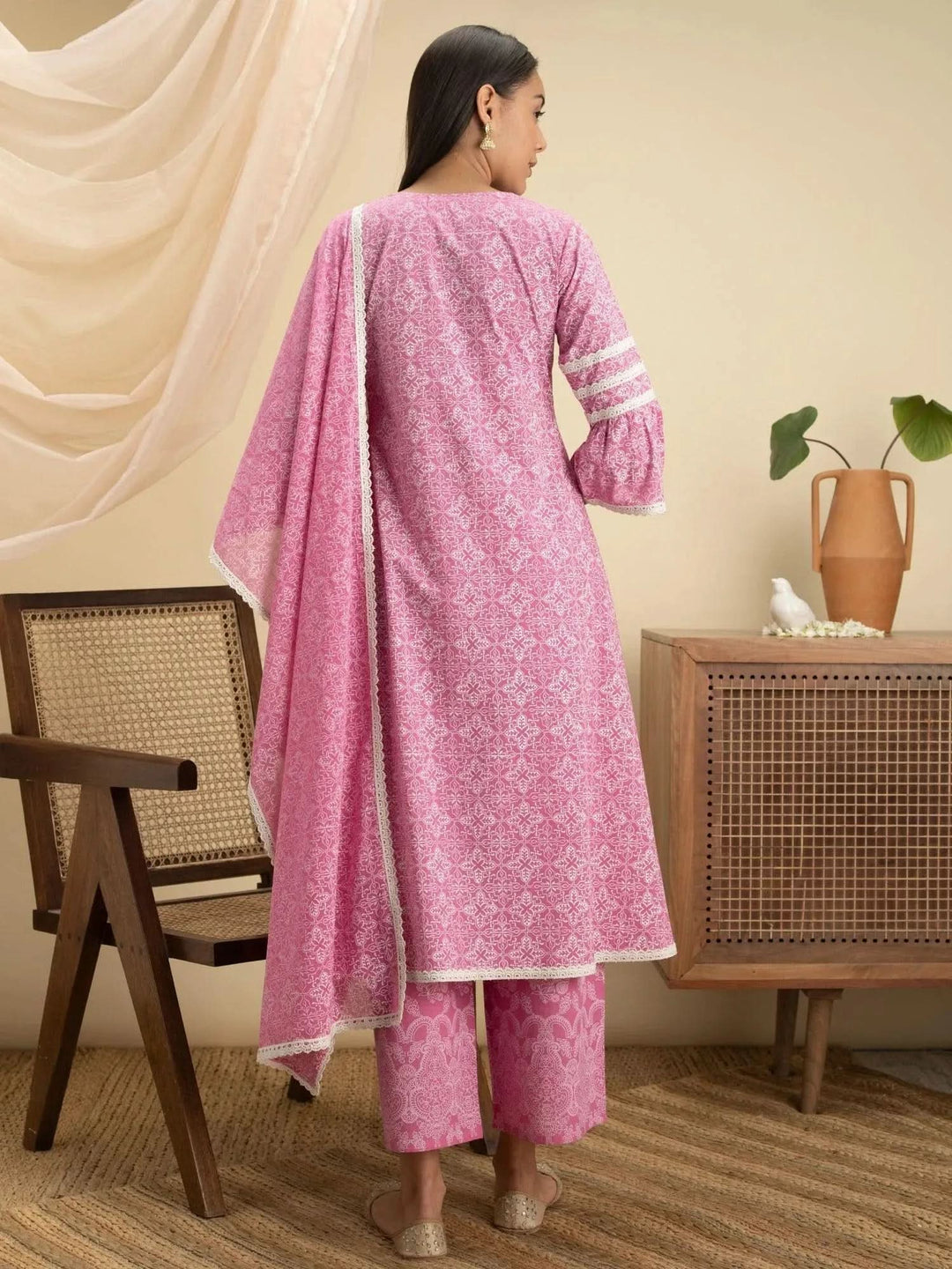 Pink Printed Cotton A-Line Suit Set - Libas