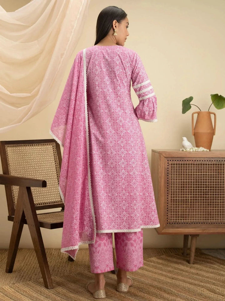 Pink Printed Cotton A-Line Suit Set - Libas