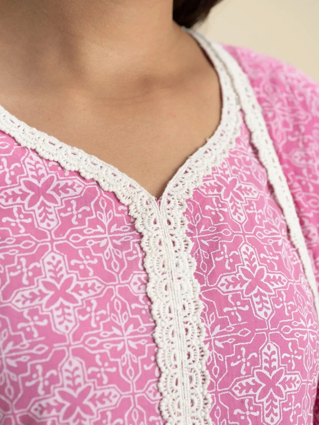 Pink Printed Cotton A-Line Suit Set - Libas