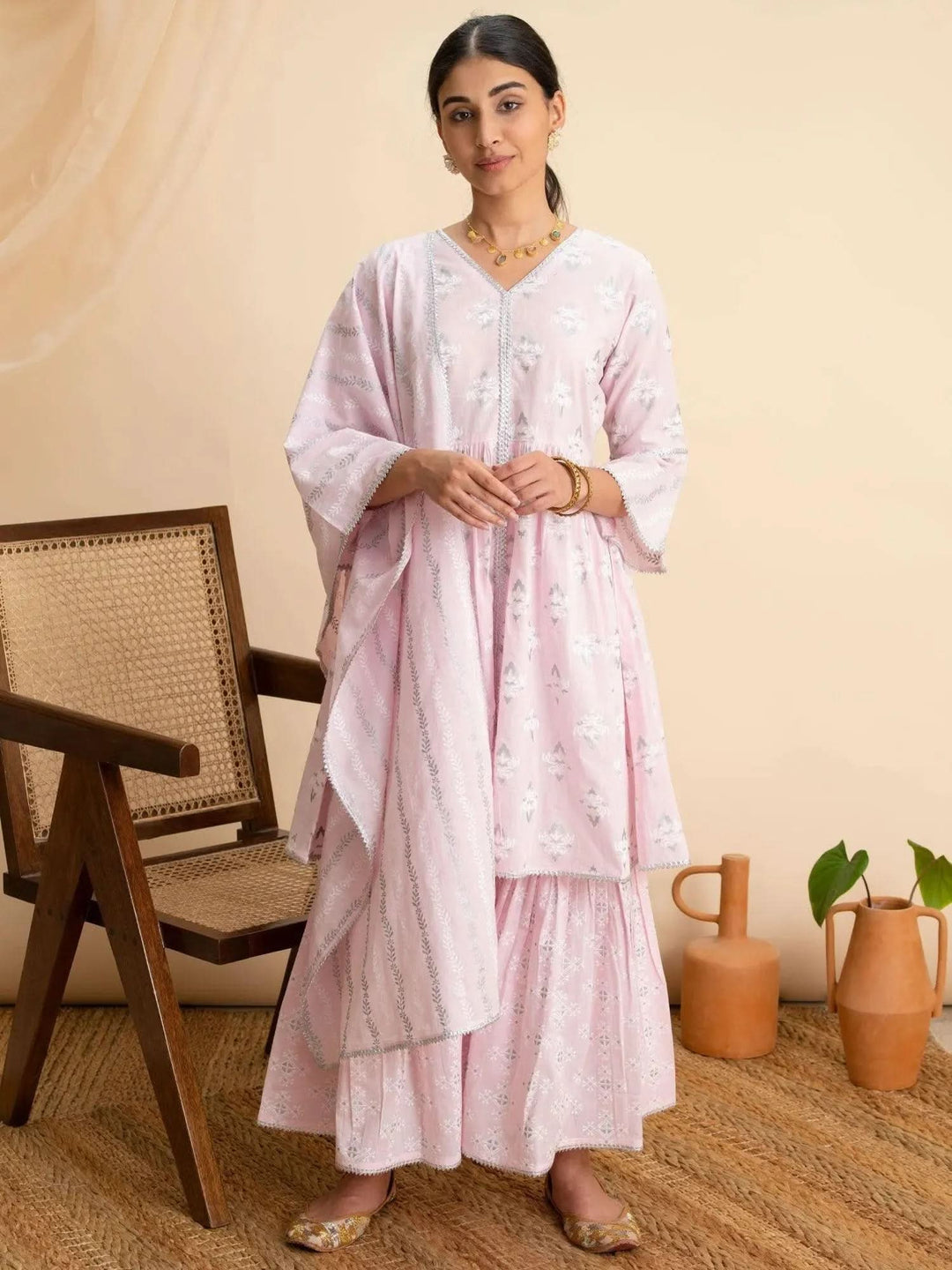 Pink Printed Cotton A-Line Suit Set - Libas