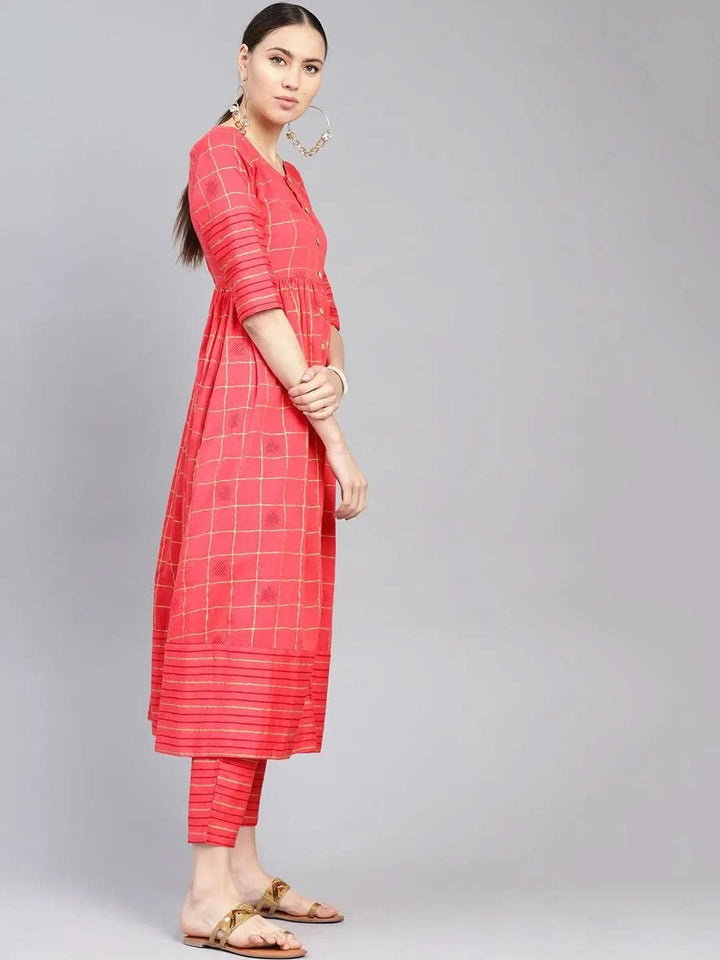 Pink Printed Checkered Kurta Set - Libas