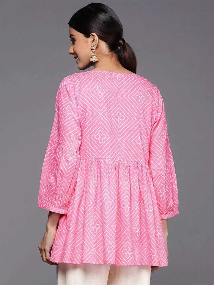 Pink Printed Cotton A-Line Kurti - Libas