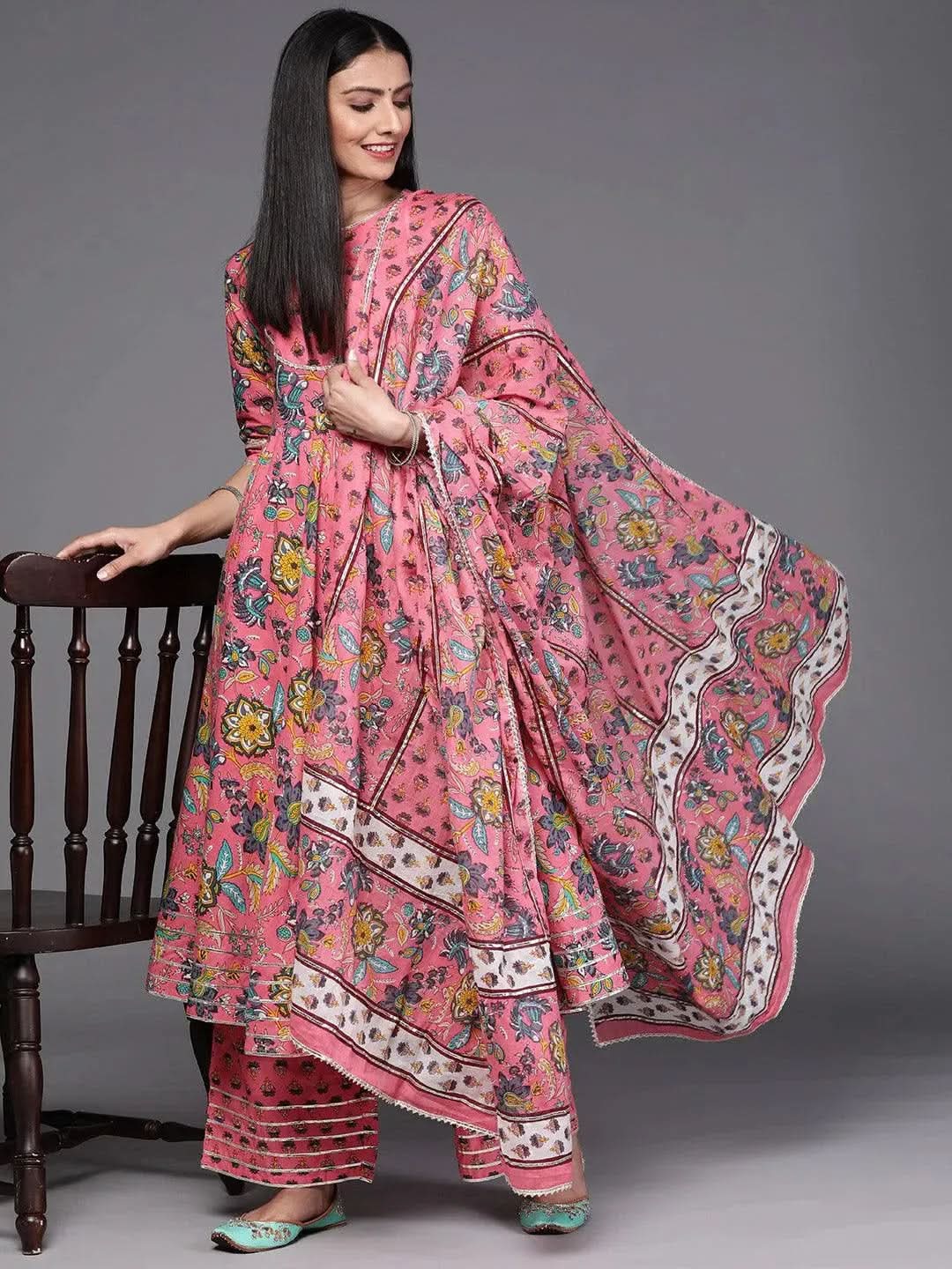 Buy Pink Printed Cotton Anarkali Kurta With Palazzos Dupatta