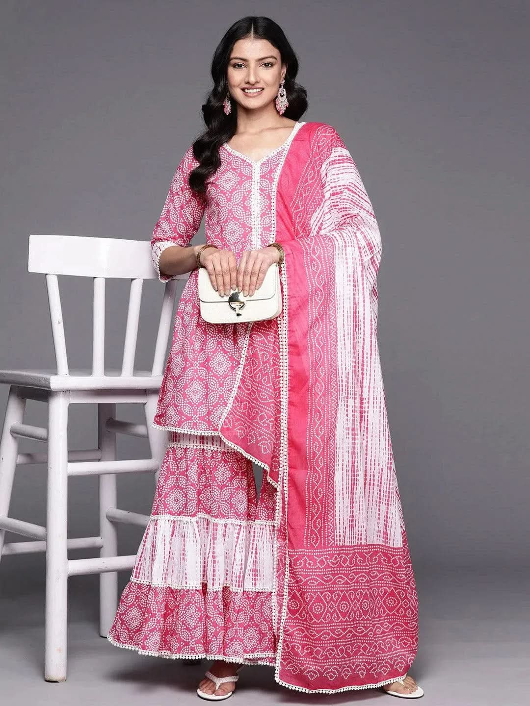 Pink Printed Cotton Anarkali Kurti With Sharara & Dupatta
Pink Printed Cotton Anarkali Kurti With Sharara & Dupatta