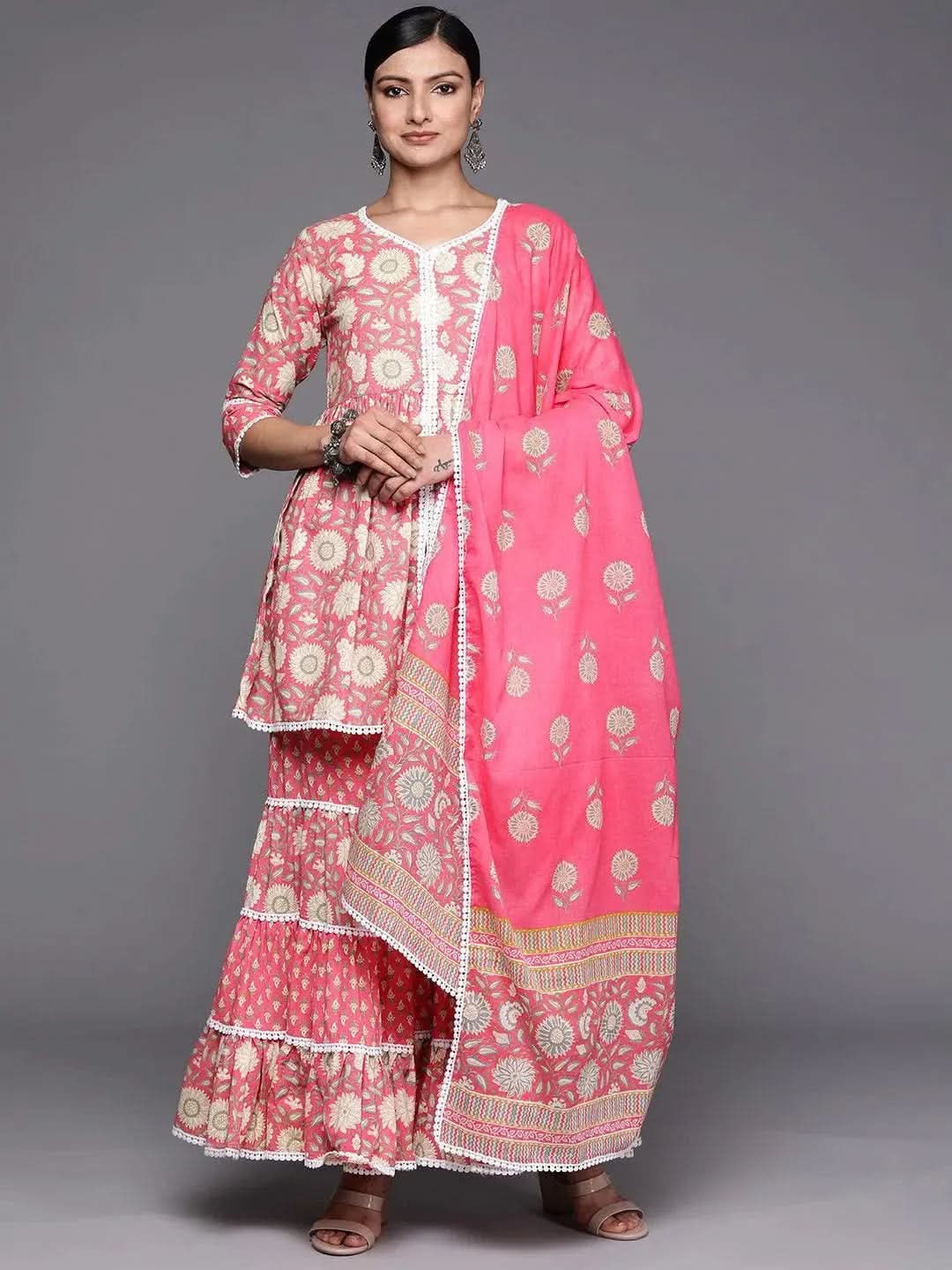 Pink Printed Cotton Anarkali Sharara Suit Set - Libas